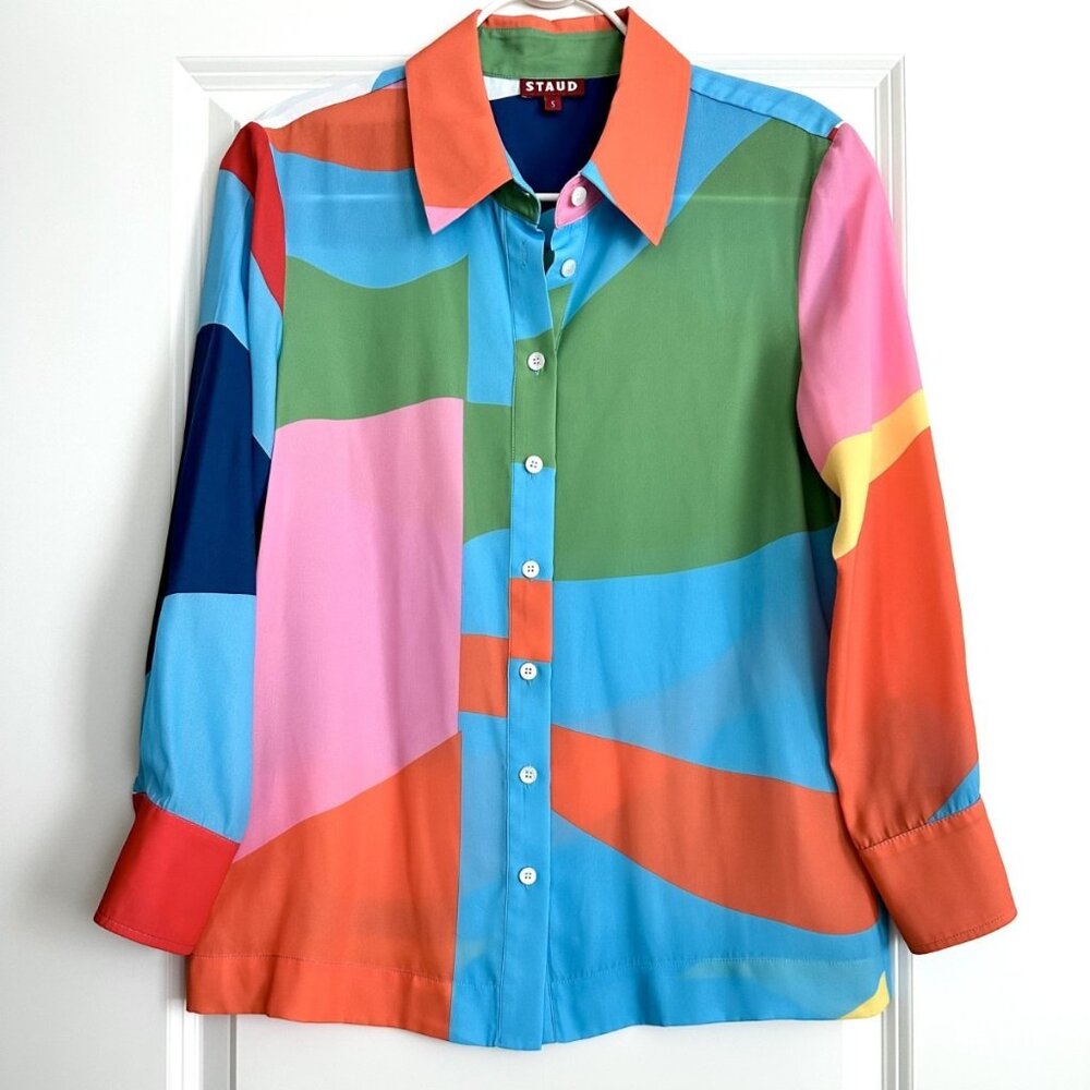 STAUD Crepe Button Front Long Sleeve Blouse in Multi Size S